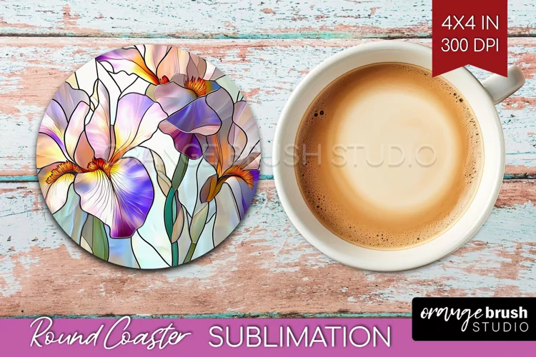 Stained Glass Flowers Round Coaster - Floral Coaster PNG