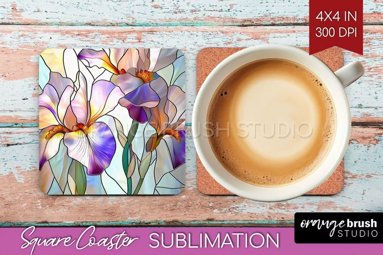Stained Glass Flowers Square Coaster - Floral Coaster PNG