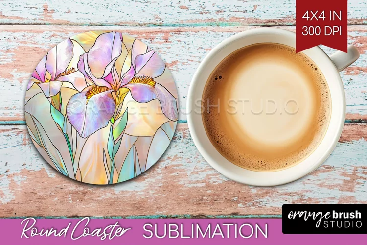 Stained Glass Flowers Round Coaster - Floral Coaster PNG