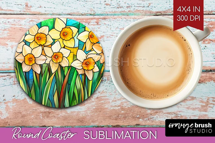 Stained Glass Flowers Round Coaster - Floral Coaster PNG