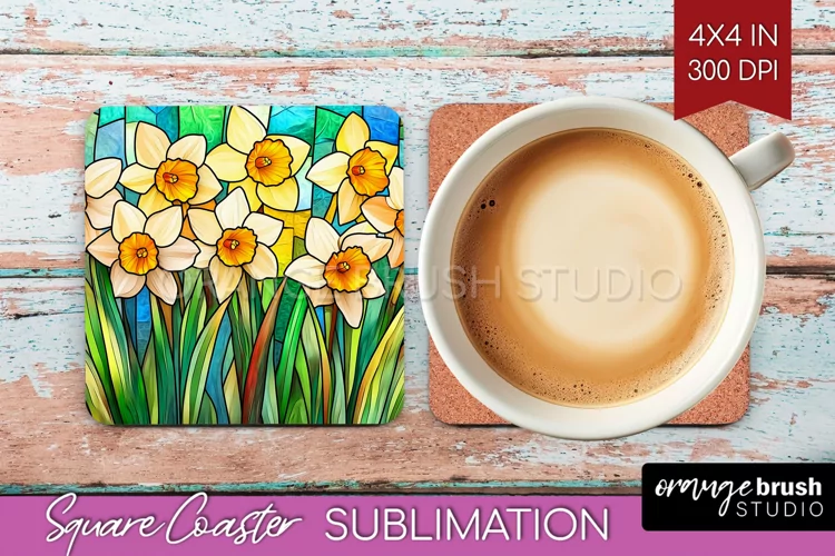 Stained Glass Flowers Square Coaster - Floral Coaster PNG