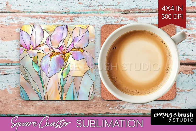 Stained Glass Flowers Square Coaster - Floral Coaster PNG