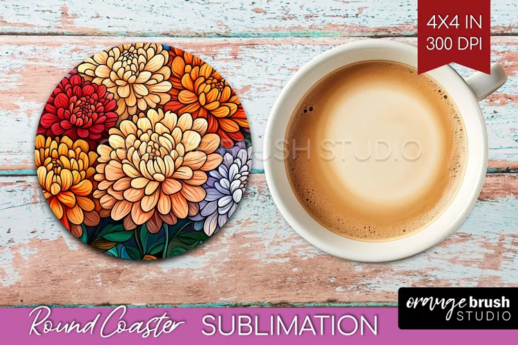 Stained Glass Flowers Round Coaster - Floral Coaster PNG
