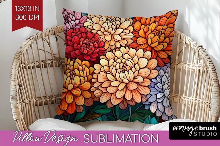 Stained Glass Flowers Pillow Sublimation - Floral Pillow PNG
