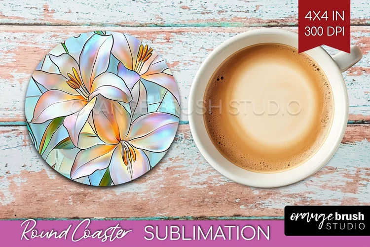 Stained Glass Flowers Round Coaster - Floral Coaster PNG
