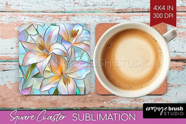 Stained Glass Flowers Square Coaster - Floral Coaster PNG