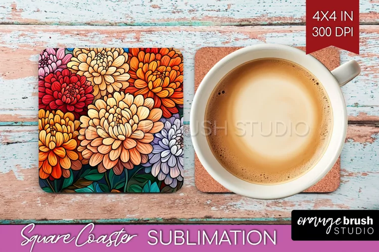 Stained Glass Flowers Square Coaster - Floral Coaster PNG
