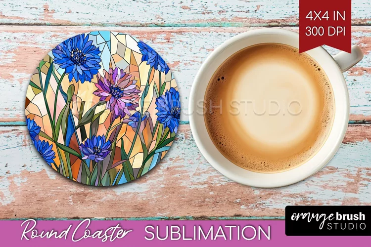 Stained Glass Flowers Round Coaster - Floral Coaster PNG