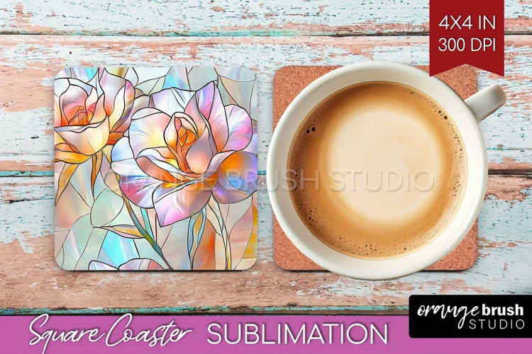Stained Glass Flowers Square Coaster - Floral Coaster PNG