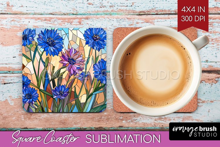 Stained Glass Flowers Square Coaster - Floral Coaster PNG example image 1
