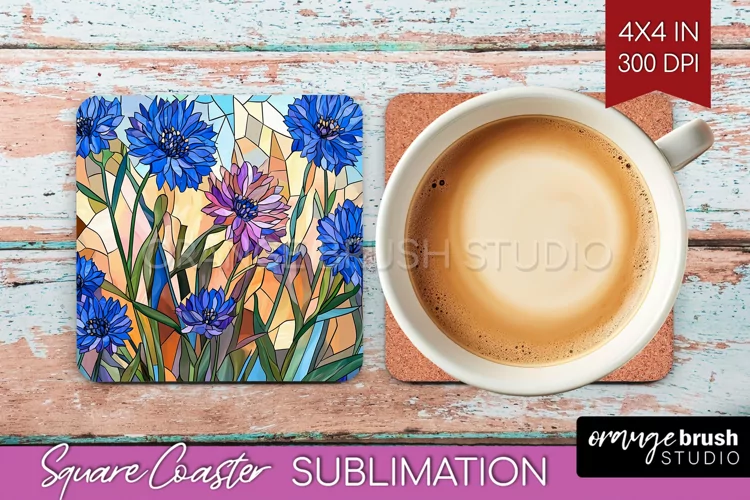 Stained Glass Flowers Square Coaster - Floral Coaster PNG