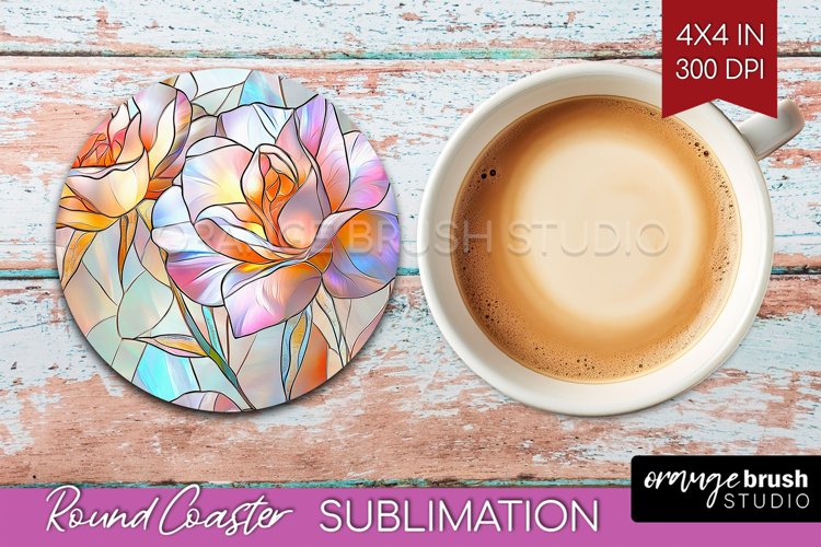 Stained Glass Flowers Round Coaster - Floral Coaster PNG example image 1