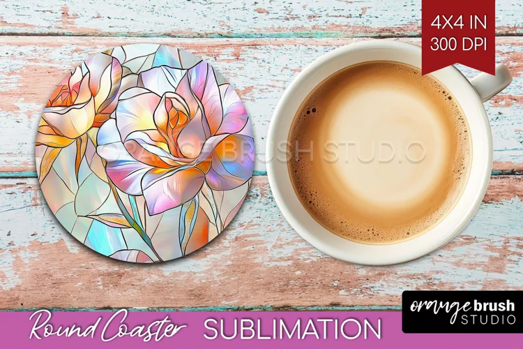 Stained Glass Flowers Round Coaster - Floral Coaster PNG