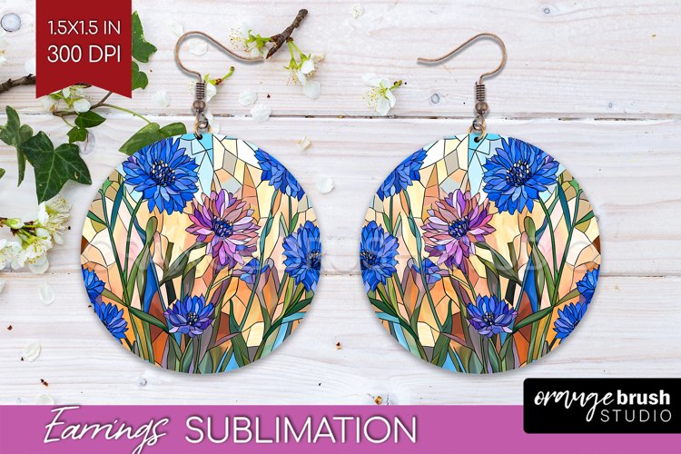 Stained Glass Flowers Round Earrings - Floral PNG