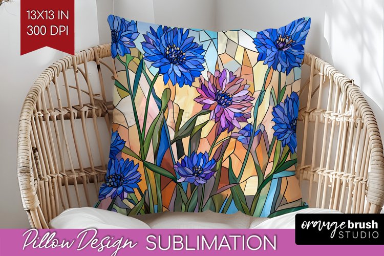Stained Glass Flowers Pillow Sublimation - Floral Pillow PNG example image 1