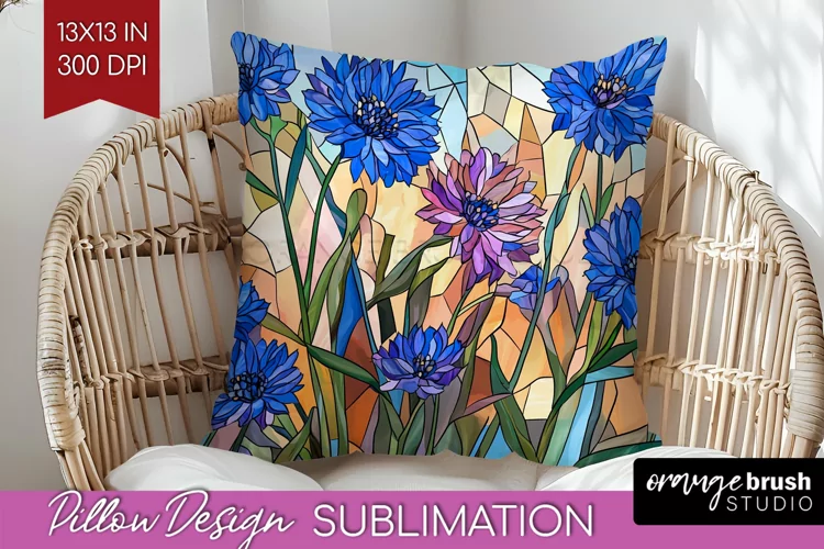 Stained Glass Flowers Pillow Sublimation - Floral Pillow PNG