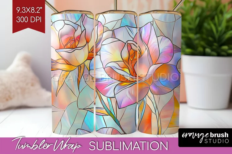 Stained Glass Flowers Tumbler Wrap - Floral Tumbler PNG
