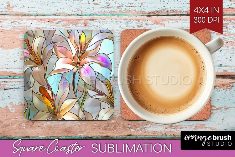 Stained Glass Flowers Square Coaster - Floral Coaster PNG