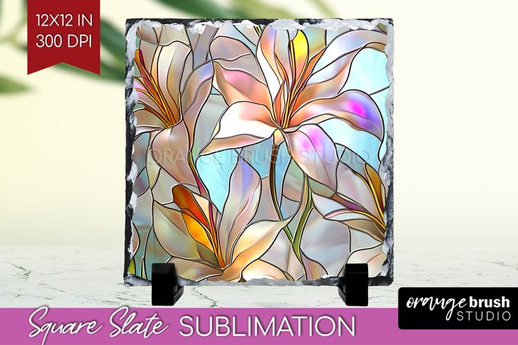 Stained Glass Flowers Slate PNG - Floral Square Slate