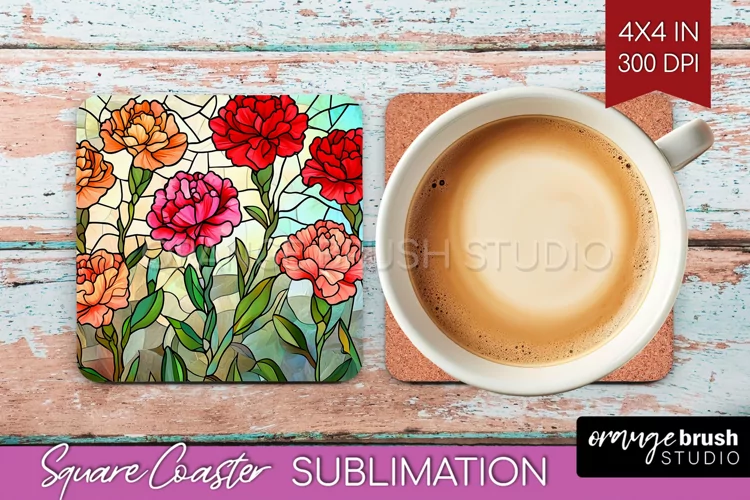 Stained Glass Flowers Square Coaster - Floral Coaster PNG