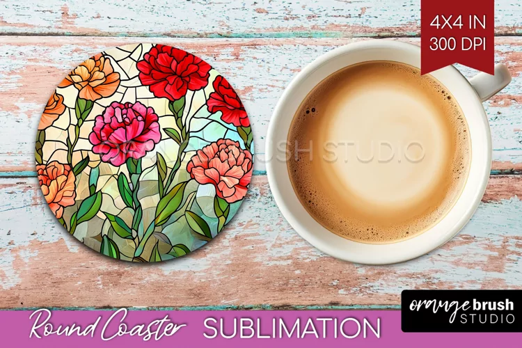 Stained Glass Flowers Round Coaster - Floral Coaster PNG