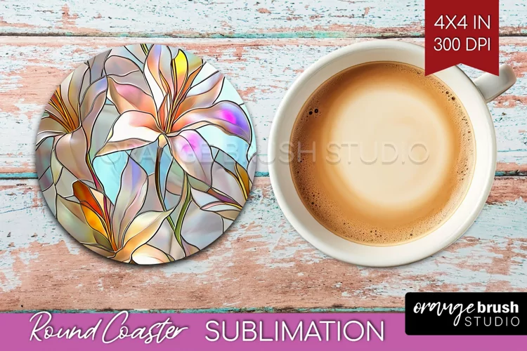 Stained Glass Flowers Round Coaster - Floral Coaster PNG