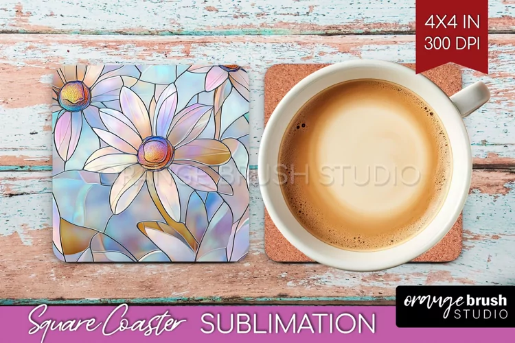 Stained Glass Flowers Square Coaster - Floral Coaster PNG