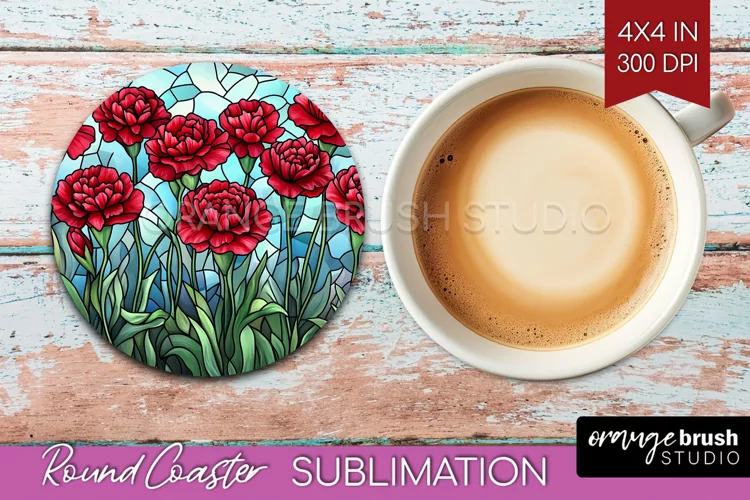 Stained Glass Flowers Round Coaster - Floral Coaster PNG