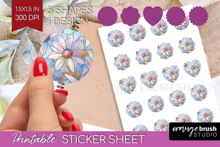 Stained Glass Flowers Round Sticker - Floral Printable Sheet