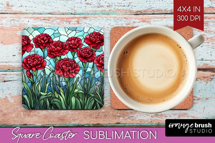 Stained Glass Flowers Square Coaster - Floral Coaster PNG