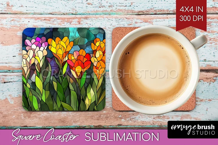 Stained Glass Flowers Square Coaster - Floral Coaster PNG