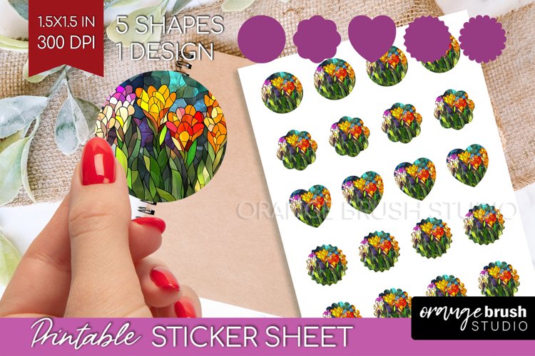 Stained Glass Flowers Round Sticker - Floral Printable Sheet