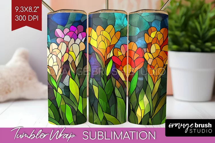 Stained Glass Flowers Tumbler Wrap - Floral Tumbler PNG