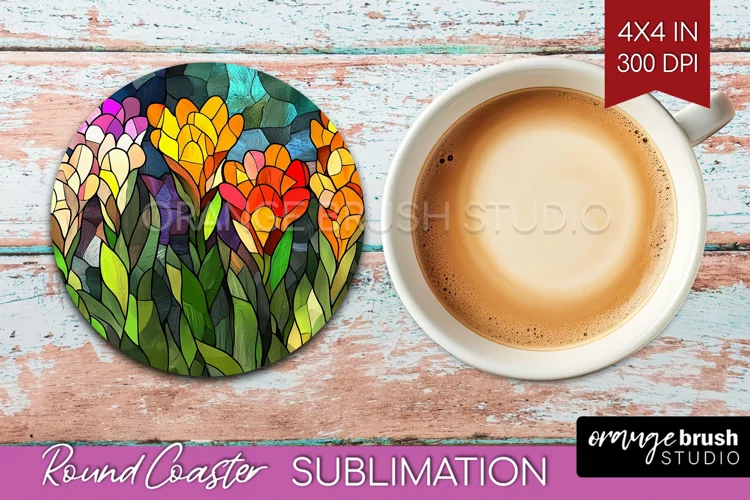 Stained Glass Flowers Round Coaster - Floral Coaster PNG