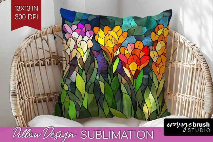 Stained Glass Flowers Pillow Sublimation - Floral Pillow PNG