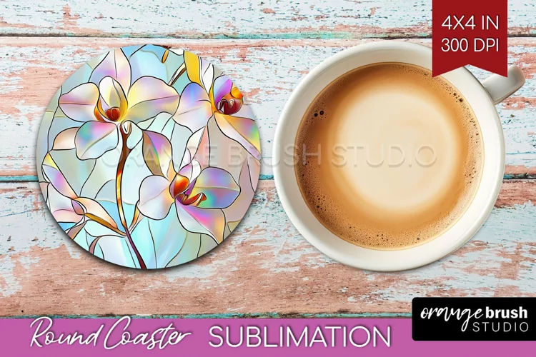 Stained Glass Flowers Round Coaster - Floral Coaster PNG