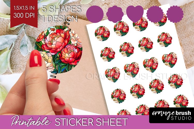 Stained Glass Flowers Round Sticker - Floral Printable Sheet example image 1