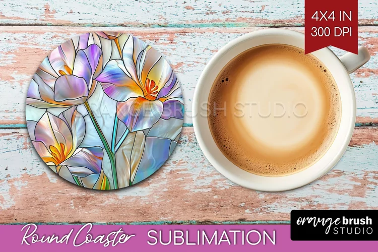 Stained Glass Flowers Round Coaster - Floral Coaster PNG