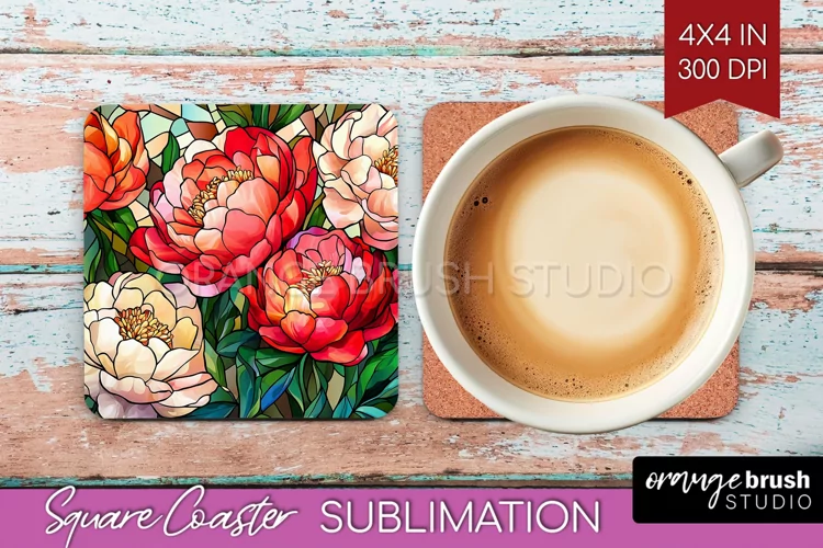 Stained Glass Flowers Square Coaster - Floral Coaster PNG