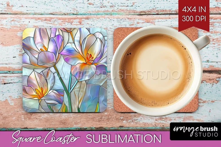 Stained Glass Flowers Square Coaster - Floral Coaster PNG