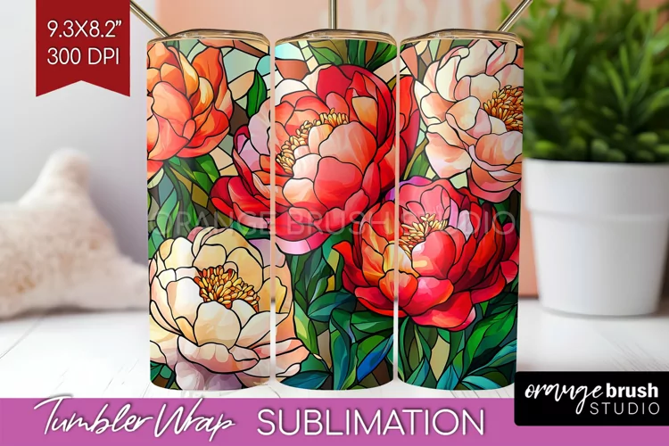 Stained Glass Flowers Tumbler Wrap - Floral Tumbler PNG