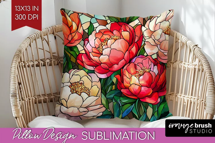 Stained Glass Flowers Pillow Sublimation - Floral Pillow PNG