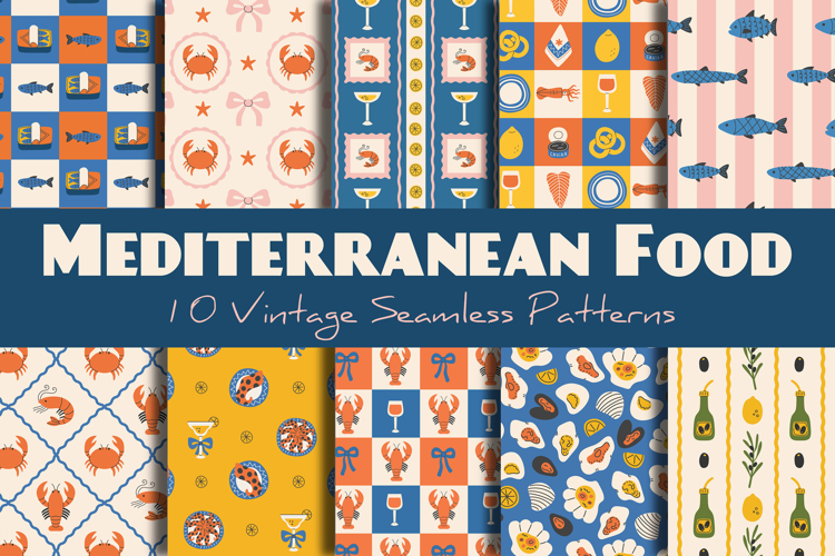 Mediterranean Food Vintage Seamless Patterns & Papers