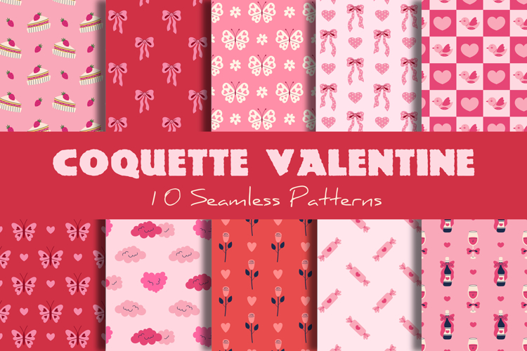 Coquette Valentine Seamless Patterns   Digital Papers Set