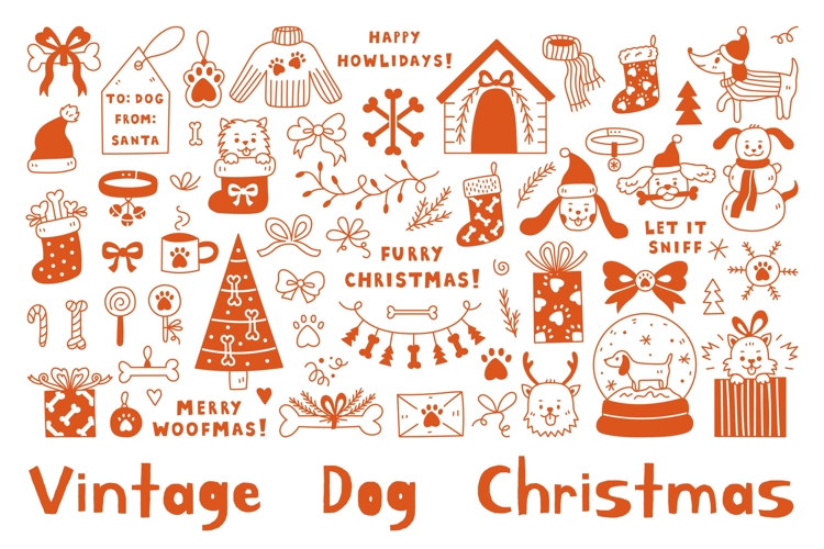 Vintage Dog Christmas Doodles PNG Clipart