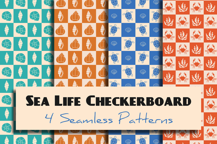 Sea Life Checkerboard Seamless Patterns & Digital Papers
