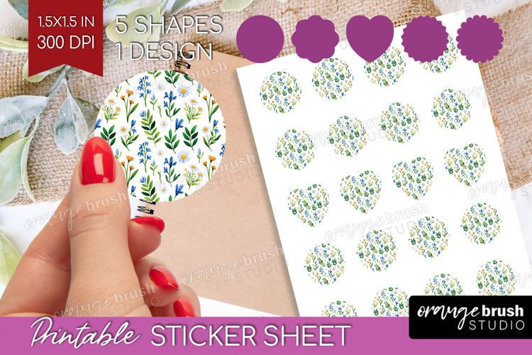 Summer Flowers Round Sticker - Floral Printable Sticker example image 1