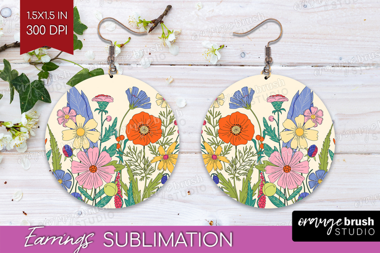 Summer Flowers Round Earrings - Floral PNG Sublimation example image 1