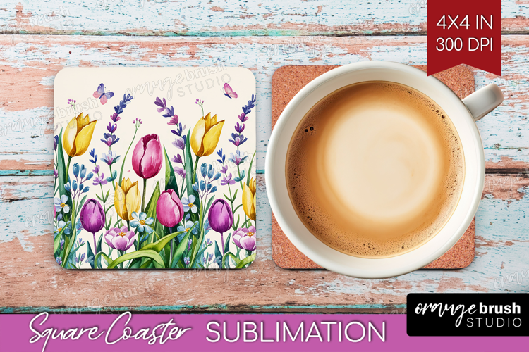 Summer Flowers Square Coaster - Floral Coaster PNG