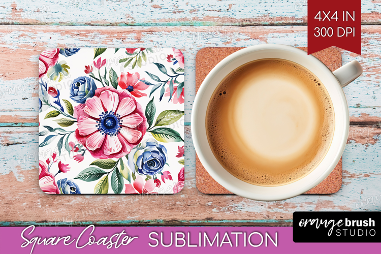 Summer Flowers Square Coaster - Floral Coaster PNG